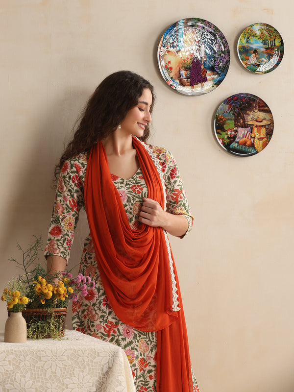 Khushal K Women Floral Printed Regular Pure Cotton White Kurta & Palazzo With Dupatta