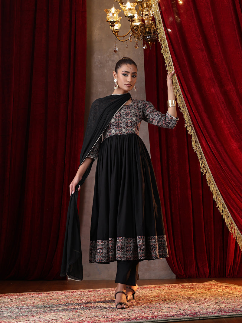 Khushal K Women Cotton kurta and palazzo with dupatta set - Black