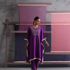 Khushal K Women Embroidered Round Neck Purple Kaftan set