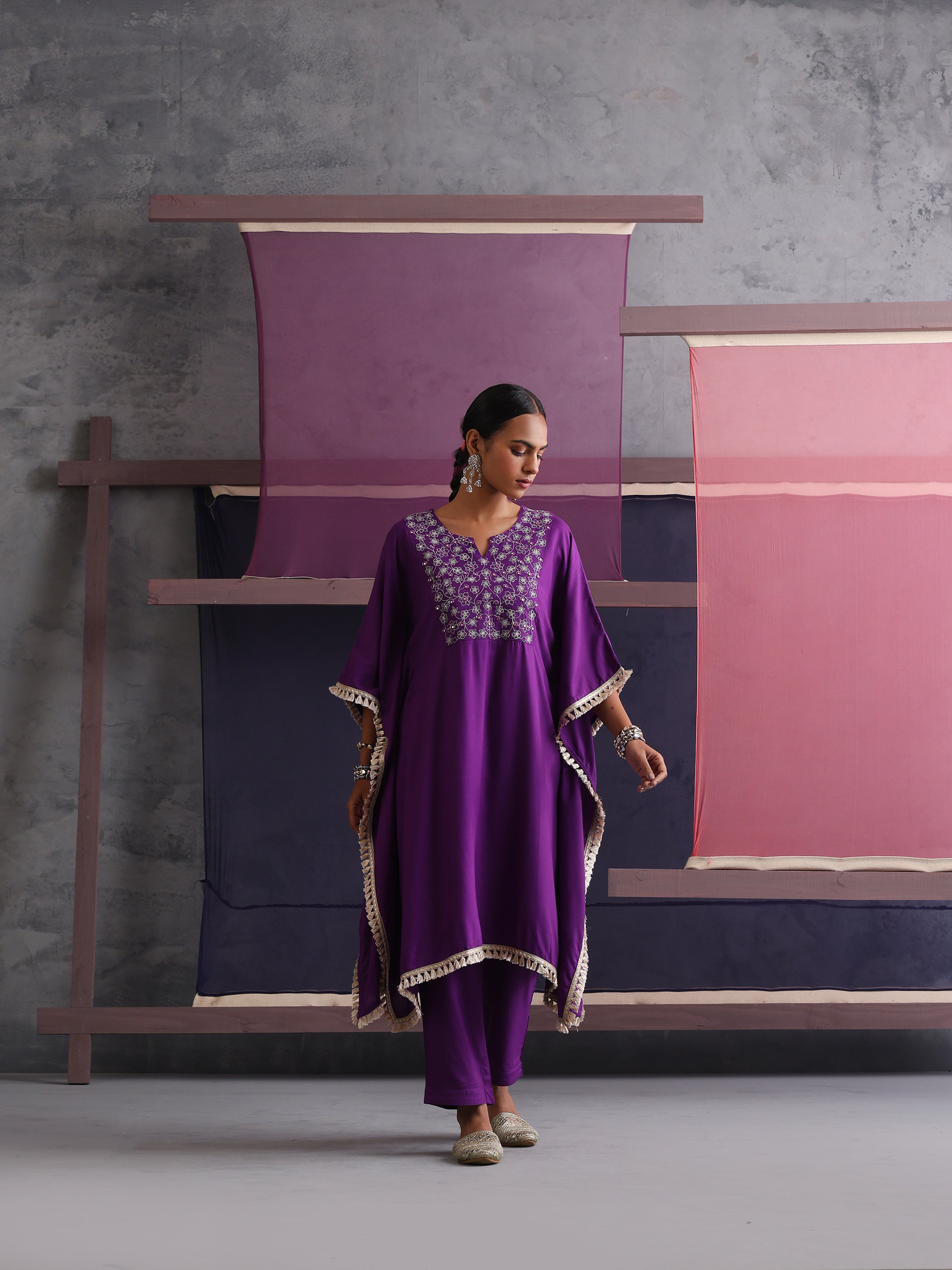 Khushal K Women Embroidered Round Neck Purple Kaftan set