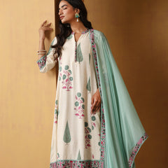 Khushal K Floral Printed Mandarin Collar Pure Cotton A-Line Kurta set