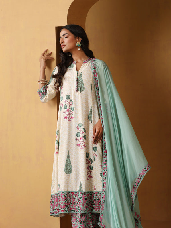 Khushal K Floral Printed Mandarin Collar Pure Cotton A-Line Kurta set