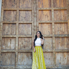 Khushal K Women's Green Printed Cotton Flared Maxi Skirt