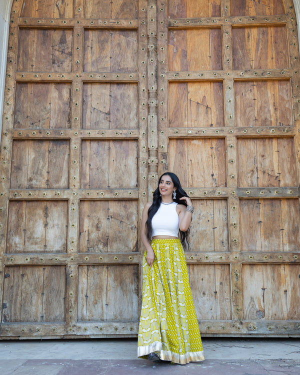 Khushal K Women's Green Printed Cotton Flared Maxi Skirt