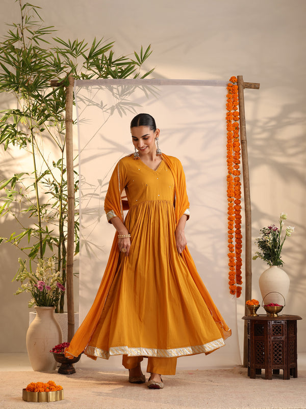 Khushal K Women Cotton Kurta and Palazzo With Dupatta Set - Mustard
