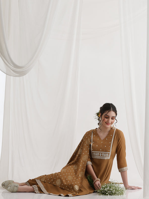 Khushal K Ethnic Motifs Brown  Anarkali Sequinned Kurta set