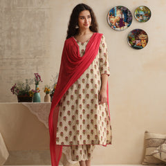 Khushal K Women Floral Printed Cream Regular Pure Cotton Kurta & Palazzo With Dupatta
