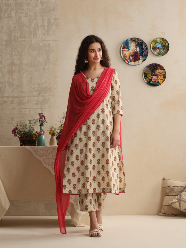 Khushal K Women Floral Printed Cream Regular Pure Cotton Kurta & Palazzo With Dupatta