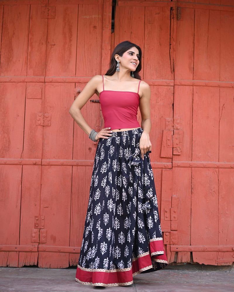 Khushal K Women's Black Printed Cotton Flared Maxi Skirt
