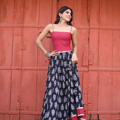 Khushal K Women's Black Printed Cotton Flared Maxi Skirt