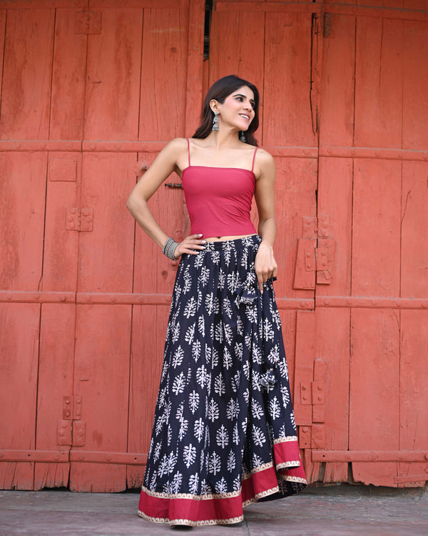 Khushal K Women's Black Printed Cotton Flared Maxi Skirt