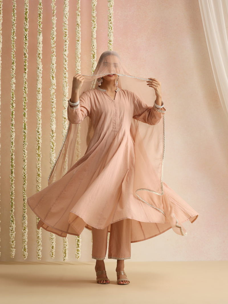 Khushal K Women Cotton Kurta and Palazzo With Dupatta Set - Peach