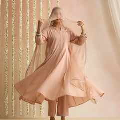 Khushal K Women Cotton Kurta and Palazzo With Dupatta Set - Peach