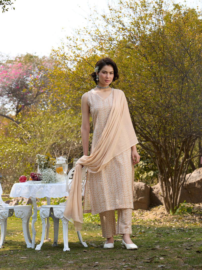Khushal K Women Printed Regular Pure Cotton brown Kurta & Palazzo With Dupatta