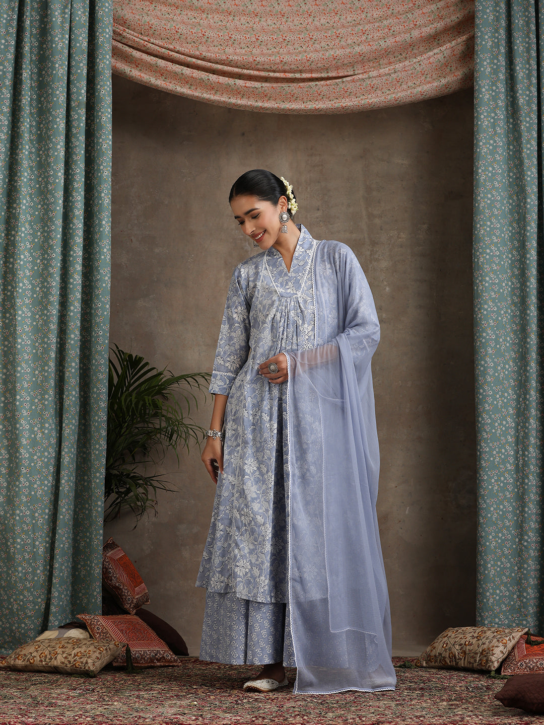 Floral Printed Pure Cotton A-Line Kurta With Palazzos And Dupatta