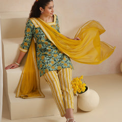 Khushal K Women Cotton Kurta Palazzo Dupatta Set - Green