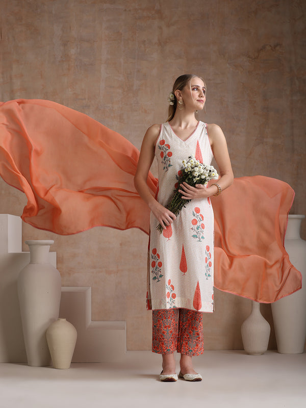 Floral Printed Pure Cotton Straight Kurta with Palazzos & With Dupatta