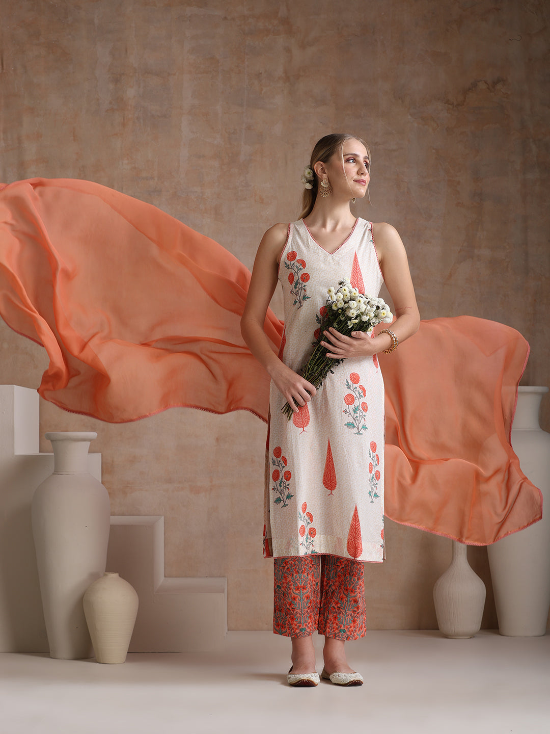 Floral Printed Pure Cotton Straight Kurta with Palazzos & With Dupatta