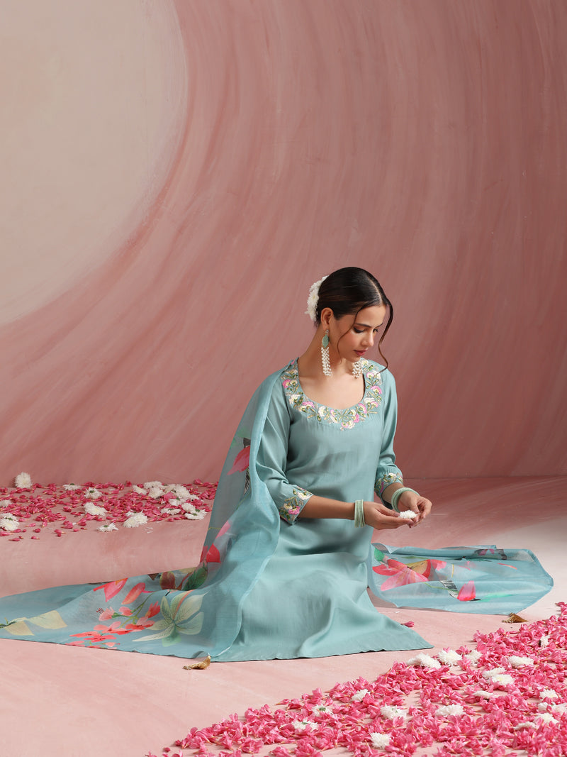 Khushal K Women Pure Silk turquoise blue Embroidered Kurta & Palazzo With Dupatta