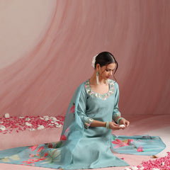 Khushal K Women Pure Silk turquoise blue Embroidered Kurta & Palazzo With Dupatta