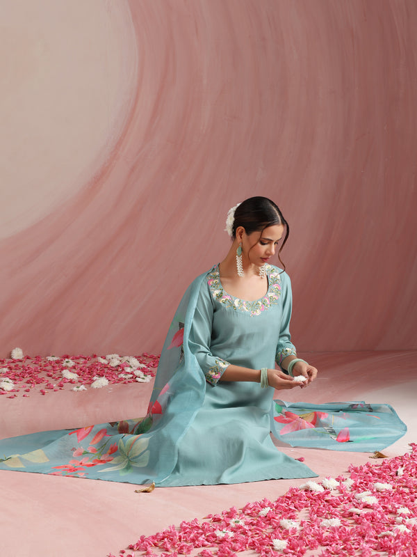 Khushal K Women Pure Silk turquoise blue Embroidered Kurta & Palazzo With Dupatta