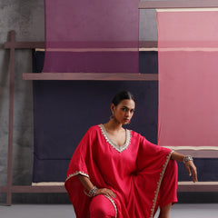 Khushal K Women V-Neck Pink Kaftan set