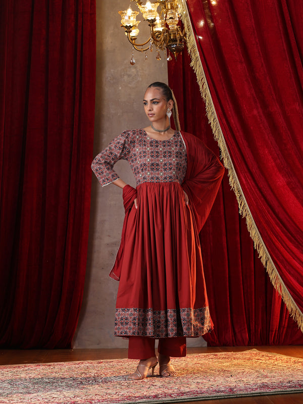 Khushal K Women Cotton kurta and palazzo with dupatta set - Rust