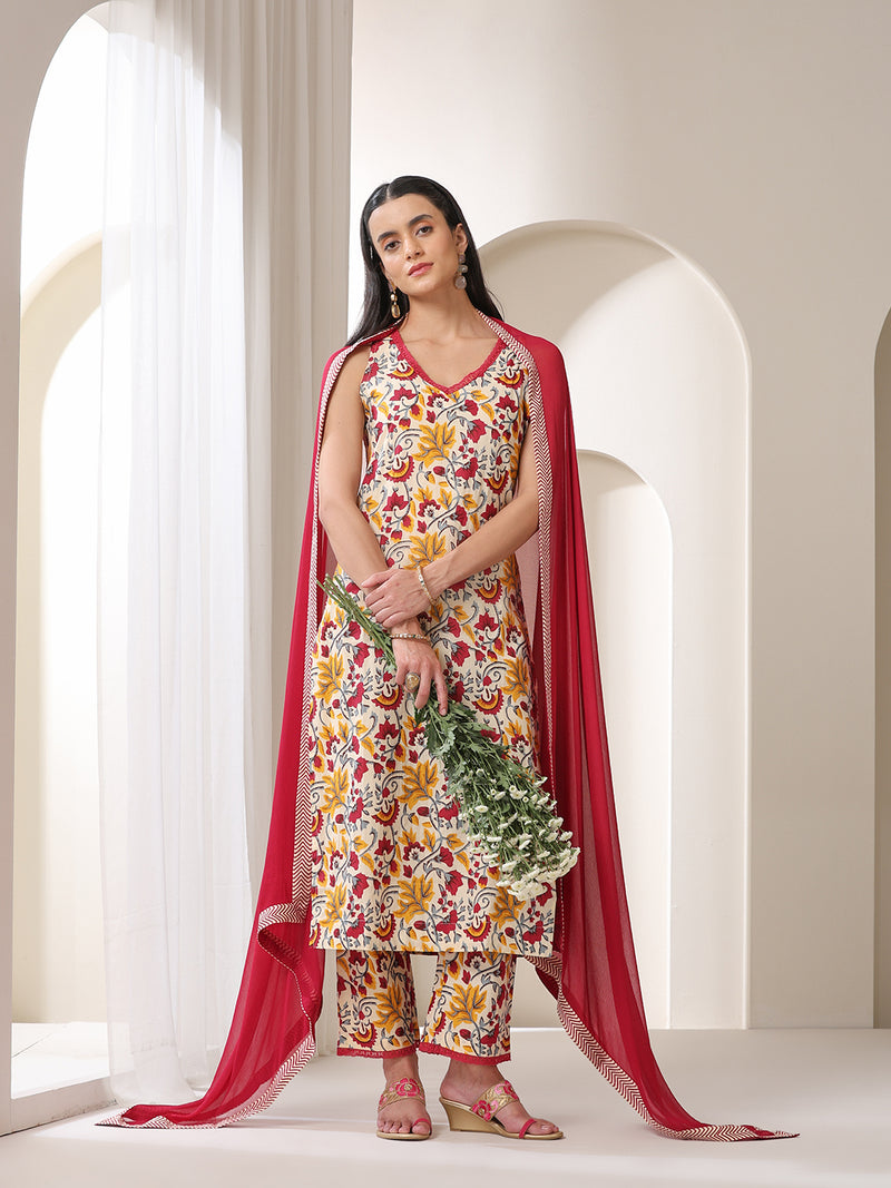 Khushal K Floral Printed V-Neck Pure Cotton Straight Kurta set