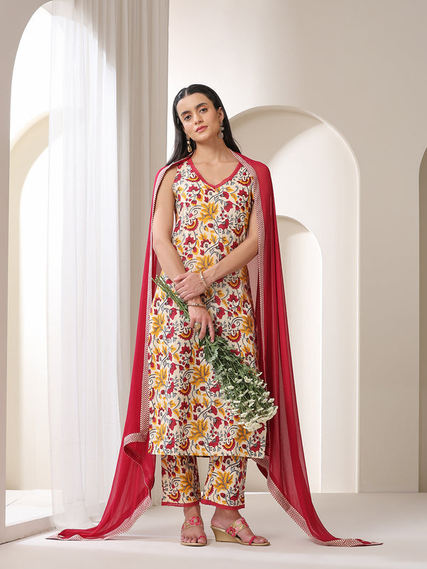 Khushal K Floral Printed V-Neck Pure Cotton Straight Kurta set