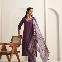 Khushal K Women Pure Silk purple Embroidered Kurta & Palazzo With Dupatta