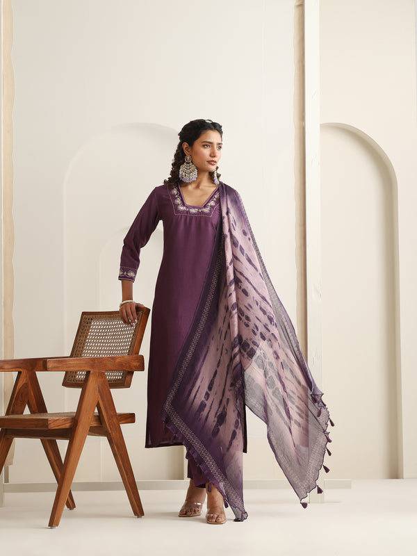 Khushal K Women Pure Silk purple Embroidered Kurta & Palazzo With Dupatta