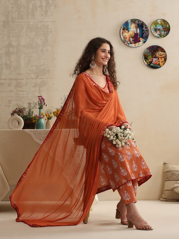 Khushal K Women Floral Printed Regular Pure Cotton Pink Kurta & Palazzo With Dupatta