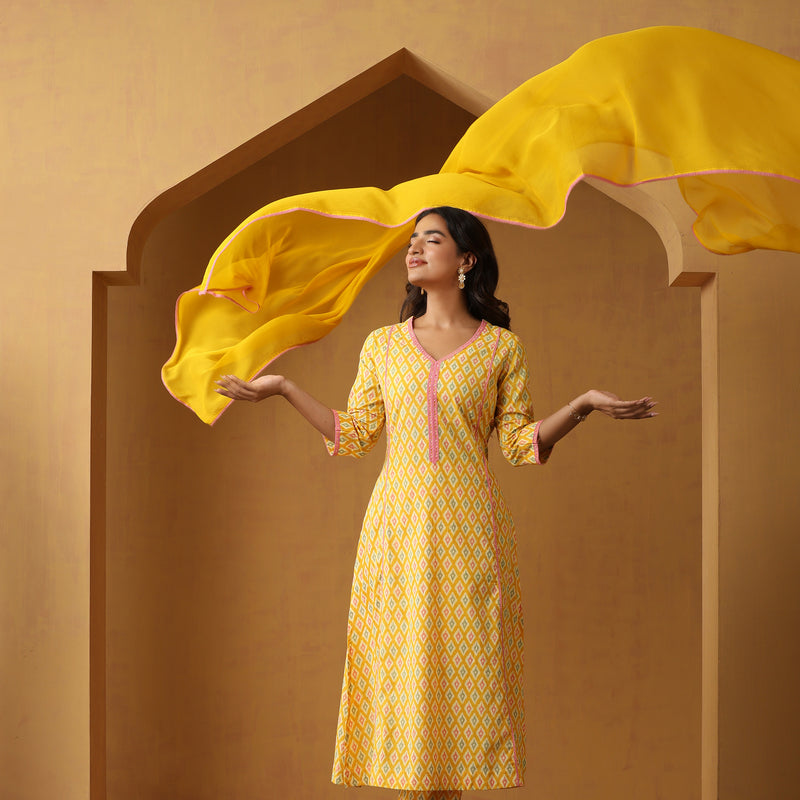 Women Printed Regular Aline Calf Length Kurta Set - Yellow - Khushal K - Image 1
