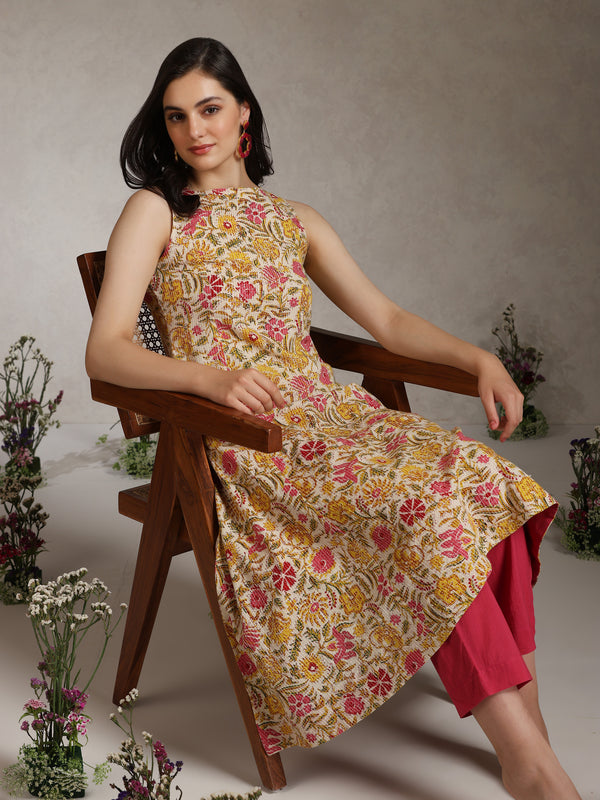 Khushal K Women Floral Printed A-Line Pure Cotton Kurta set