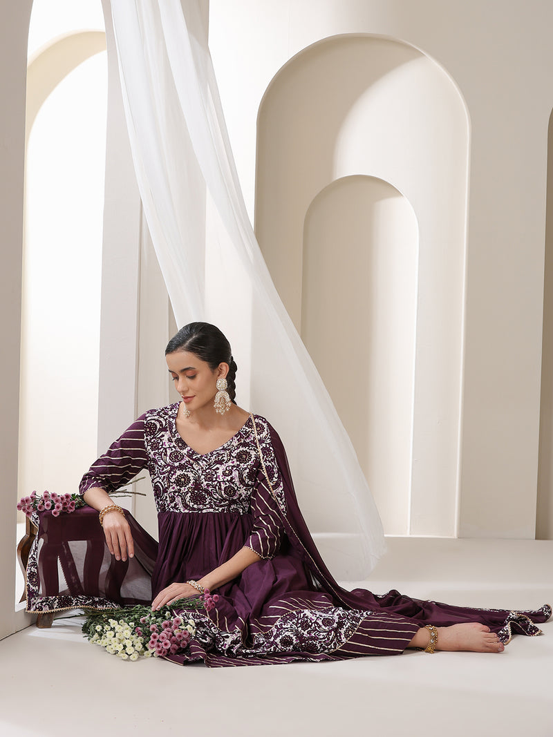 Khushal K Floral Printed Empire V Neck Gotta Patti Anarkali Kurta set