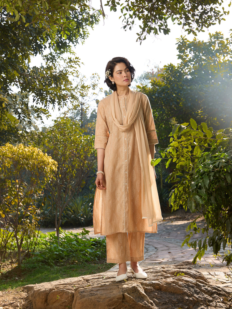 Khushal K Women Printed Regular Pure Cotton brown Kurta & Palazzo With Dupatta