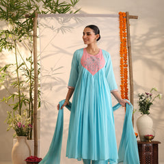 Khushal K Women Cotton Kurta and Palazzo With Dupatta Set - Turquoise Blue