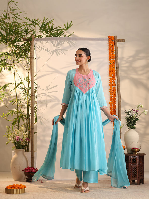Khushal K Women Cotton Kurta and Palazzo With Dupatta Set - Turquoise Blue