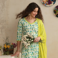 Khushal K Women Floral Printed Regular Pure White Cotton Kurta & Palazzo With Dupatta