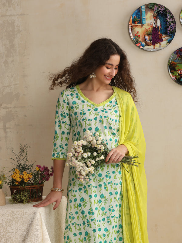 Khushal K Women Floral Printed Regular Pure White Cotton Kurta & Palazzo With Dupatta