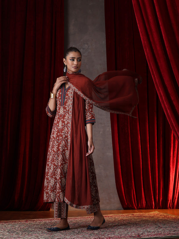 Khushal K Women Cotton kurta and palazzo with dupatta set - Rust
