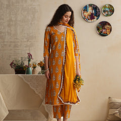 Khushal K Women Floral Printed Regular Pure Cotton Mustard Kurta & Palazzo With Dupatta