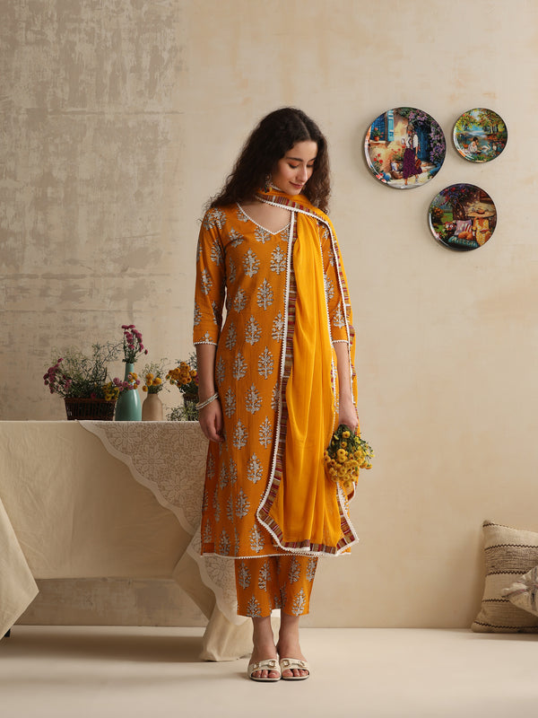 Khushal K Women Floral Printed Regular Pure Cotton Mustard Kurta & Palazzo With Dupatta