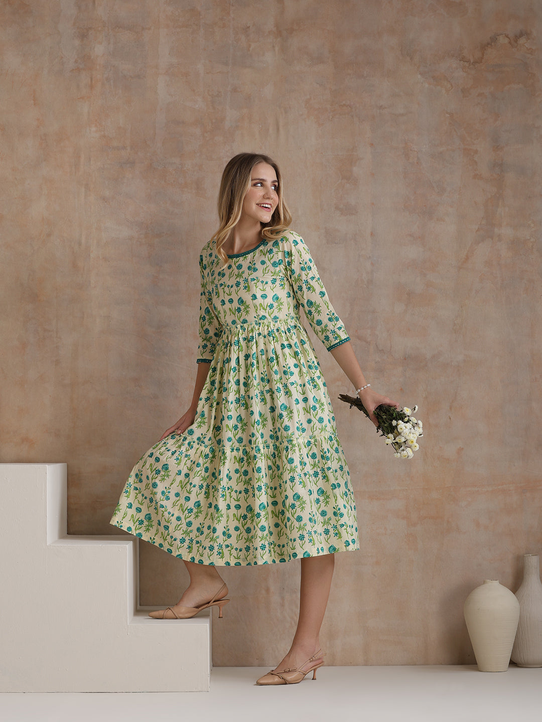 Women Floral Print Tiered Fit & Flare Midi Dress