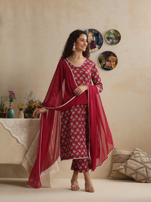 Khushal K Women Pink Floral Printed Regular Pure Cotton Kurta & Palazzo With Dupatta