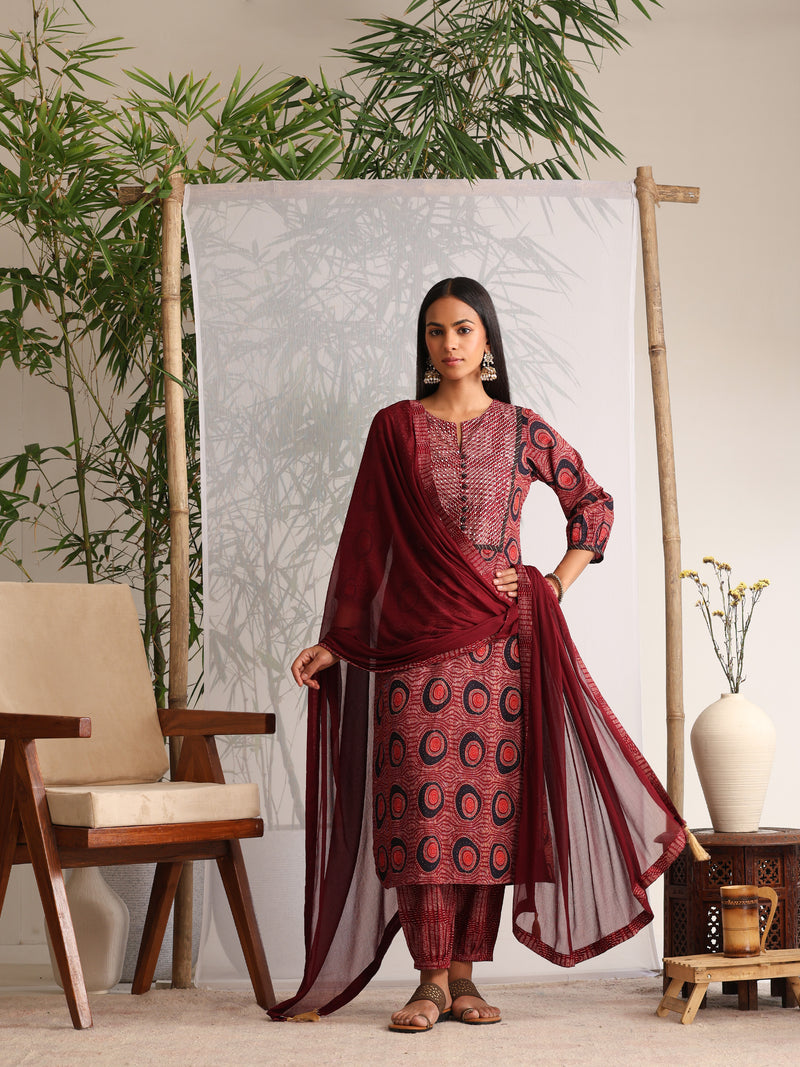 Khushal K Women Cotton kurta and Afghani Salwar with dupatta set - Maroon