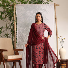 Khushal K Women Cotton kurta and Afghani Salwar with dupatta set - Maroon