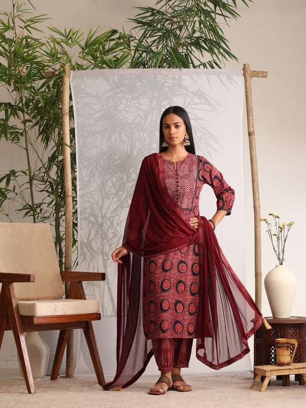 Khushal K Women Cotton kurta and Afghani Salwar with dupatta set - Maroon