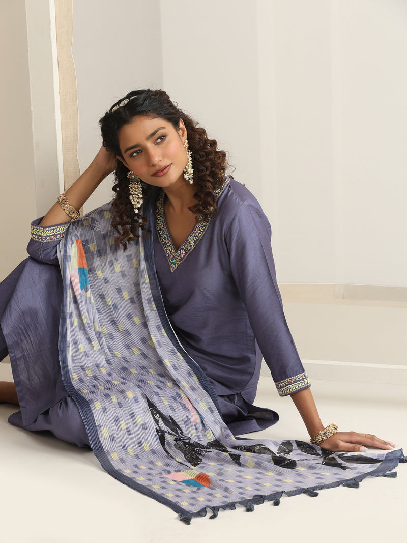 Khushal K Women Pure Silk grey Embroidered Kurta & Palazzo With Dupatta