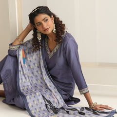 Khushal K Women Pure Silk grey Embroidered Kurta & Palazzo With Dupatta